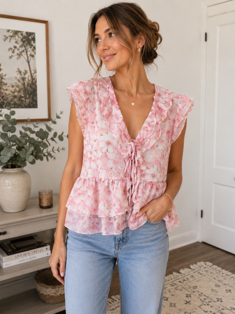 Autres Filles Pink Floral Chiffon Ruffle V-Neck Blouse Sz XL Polyester Romantic